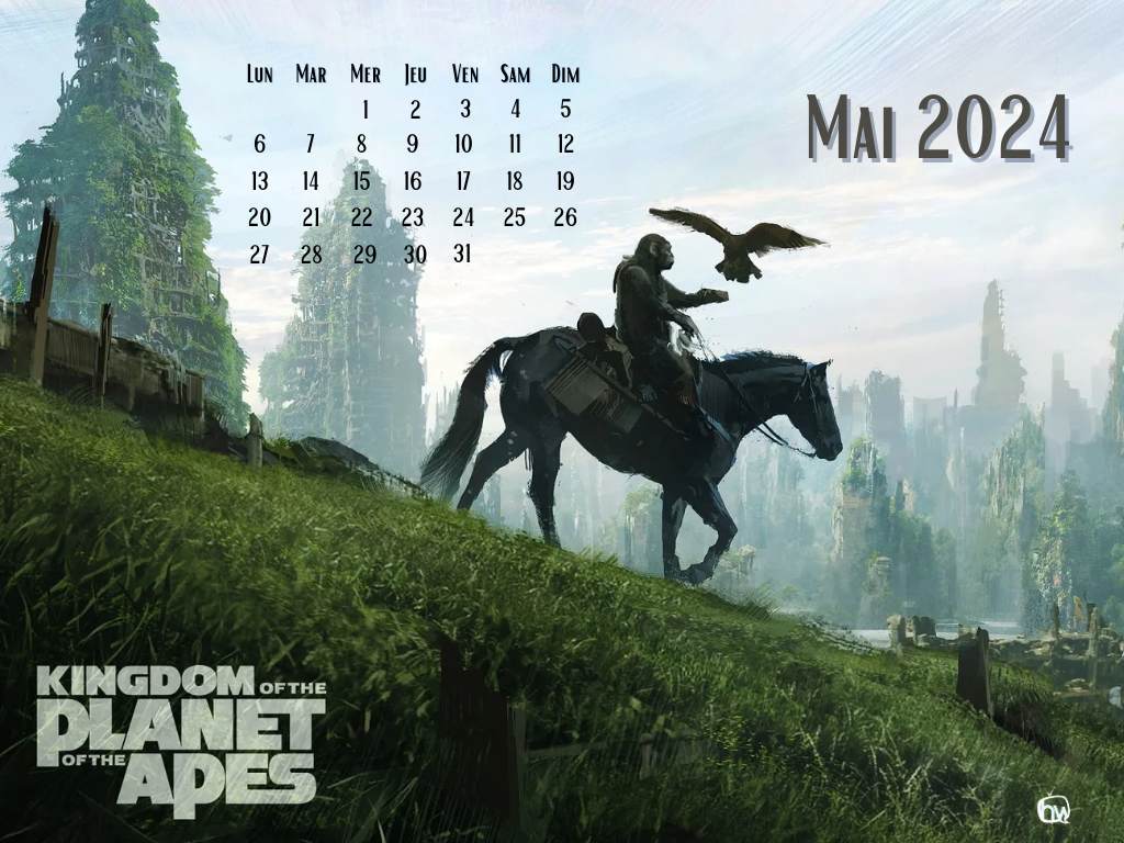 Calendrier de mai 2024 avec l'affiche du film La Planète des Singes : Le Nouveau Royaume
