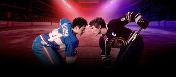 Banni&egrave;re dossiers Les Matchs Heated Rivalry - Shane et Ilya en tenue de hockey lors d'un face-off