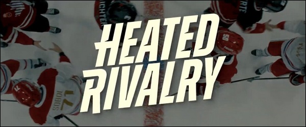 Logo Heated Rivalry avec des joueurs de hockey en fond