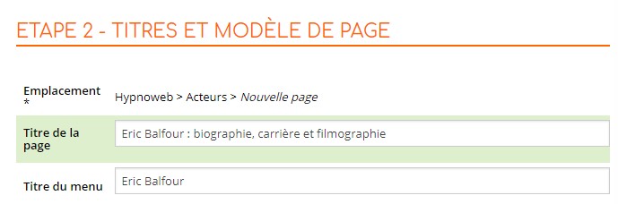 Capture d'écran de l'étape "Titre et Modèle de page" avec l'emplacement, le titre de la page et le titre de menu